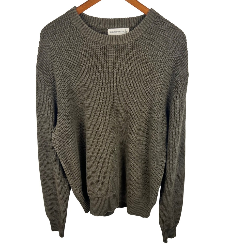 Waffle Knit Sweater Mens XL Gray Green Crewneck Cotton Blend Thick Chunky Layers